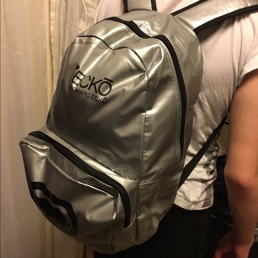 New Marc Ecko Silver Metallic Backpack | Streetwear Logo Bag - Picture 3 of 5